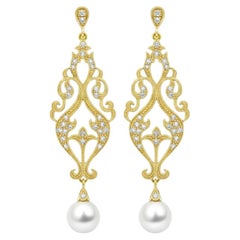Vintage Style Pearl and Moissanites Drop Earrings silver, gold