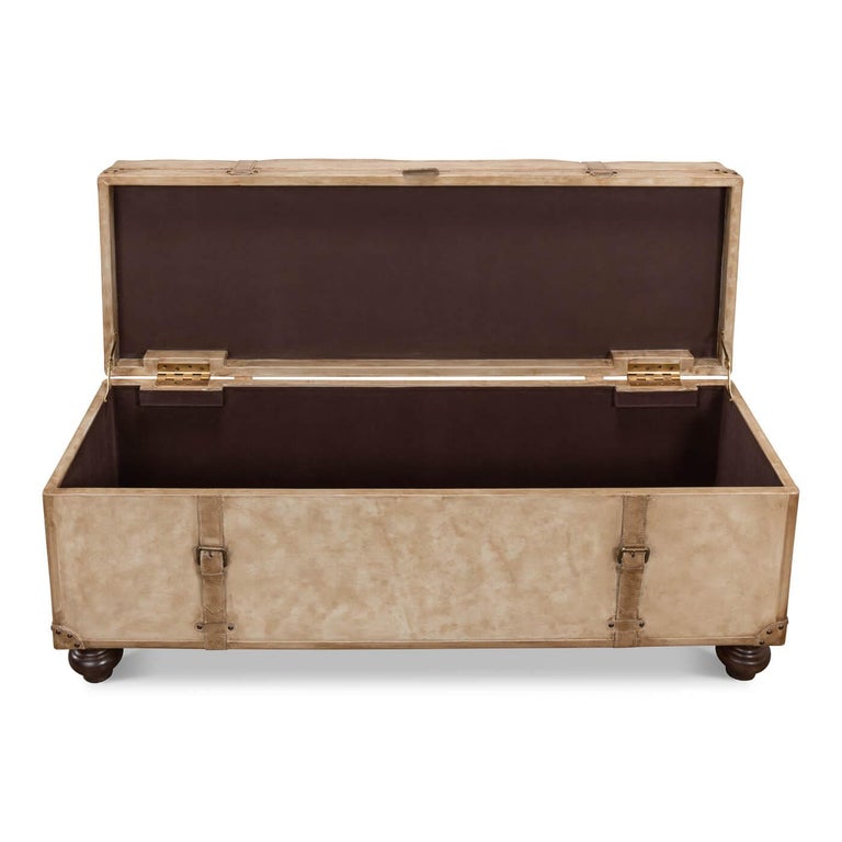 Campaign Vintage-Style Pearl Leather Trunk Bench For Sale