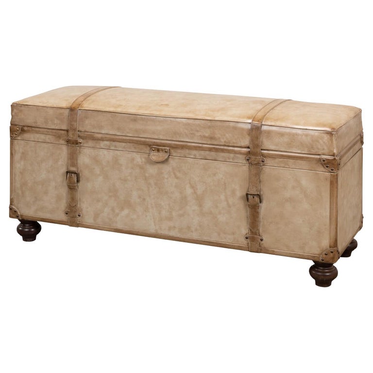 Vintage-Style Pearl Leather Trunk Bench For Sale