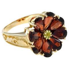 Vintage Style Peridot & Red Garnet Cocktail Floral 14K Yellow Gold Ring