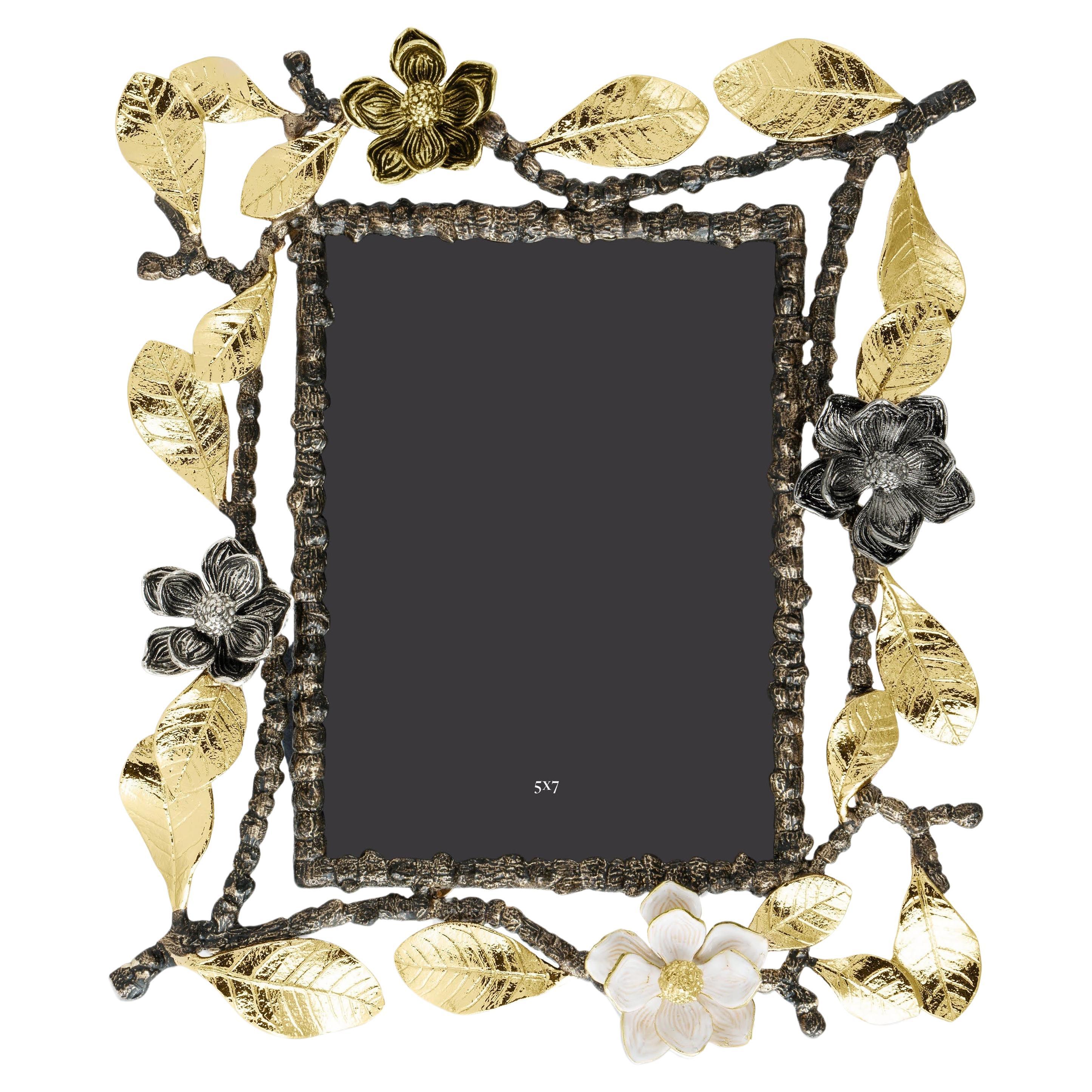 Marco de fotos de estilo vintage, decorado con orquídeas de metal niquelado negro.