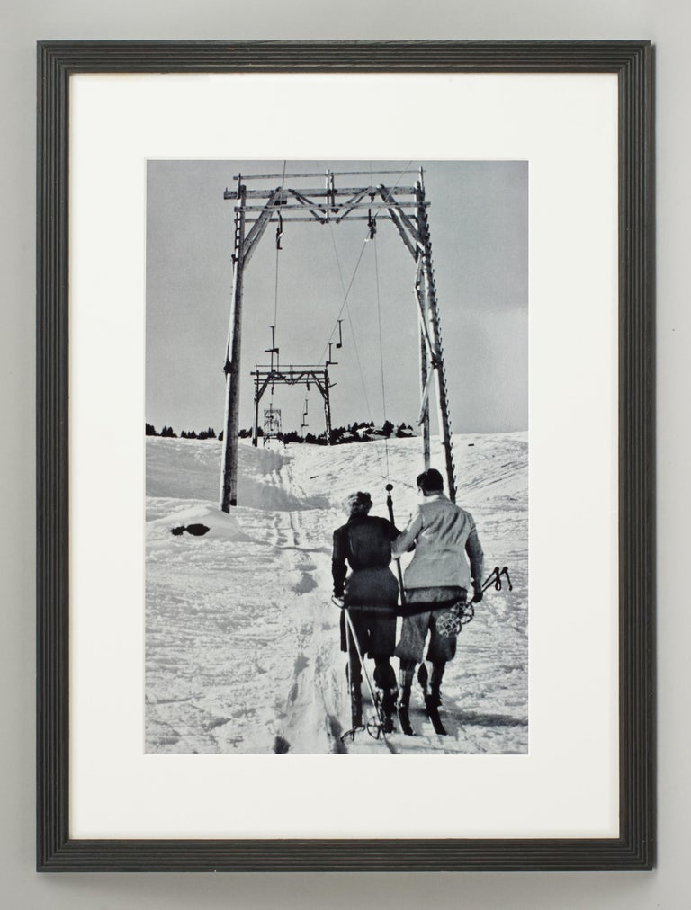 Vintage style Photography, framed Alpine Ski Photograph, the lift.
'THE LIFT', a modern framed and mounted black and white photographic image after an original 1930s skiing photograph. The frame is a hand coloured reeded wooden black frame. Black &