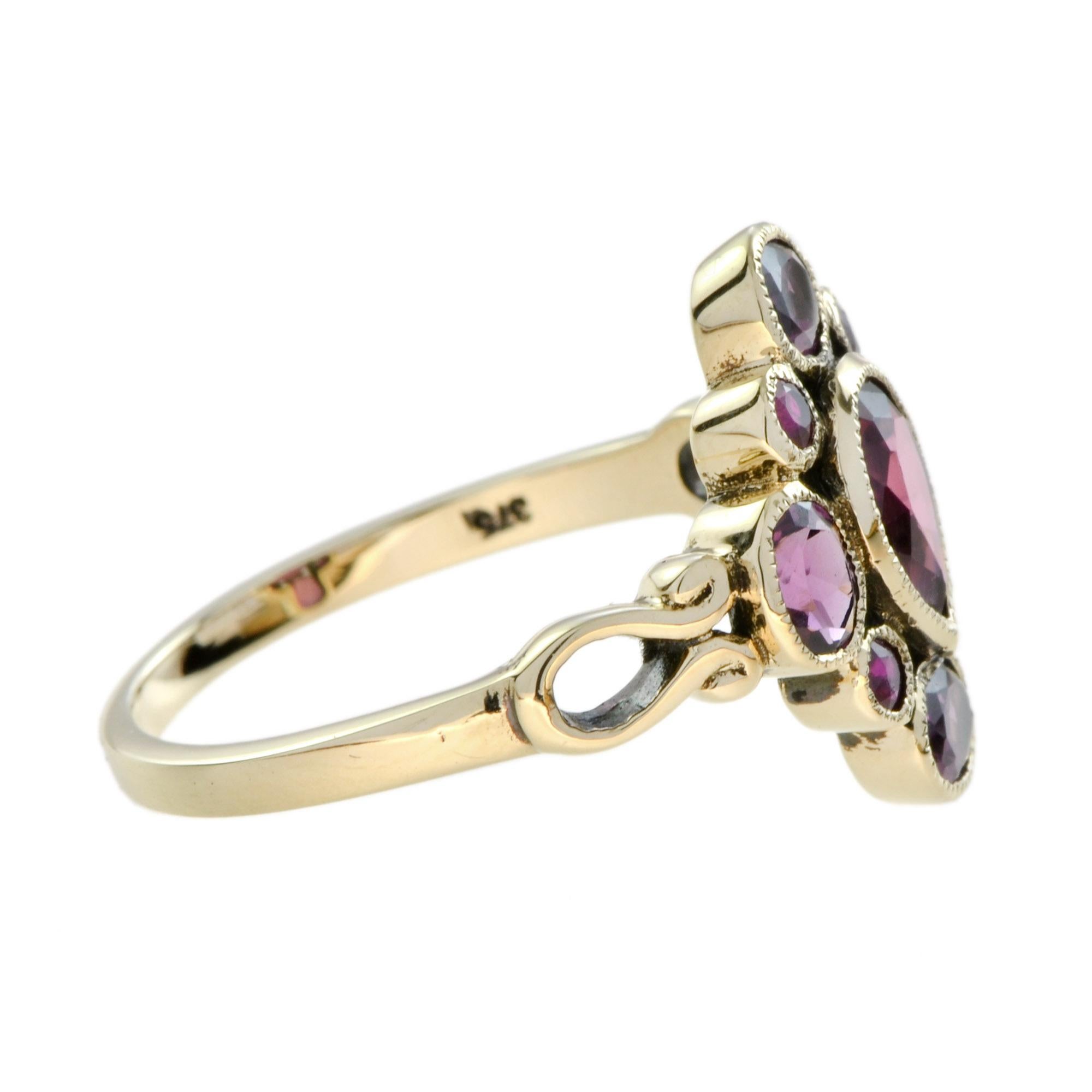 Pear Cut Vintage Style Pink Tourmaline with Ruby and Rhodolite Cluster Ring in 9K Gold