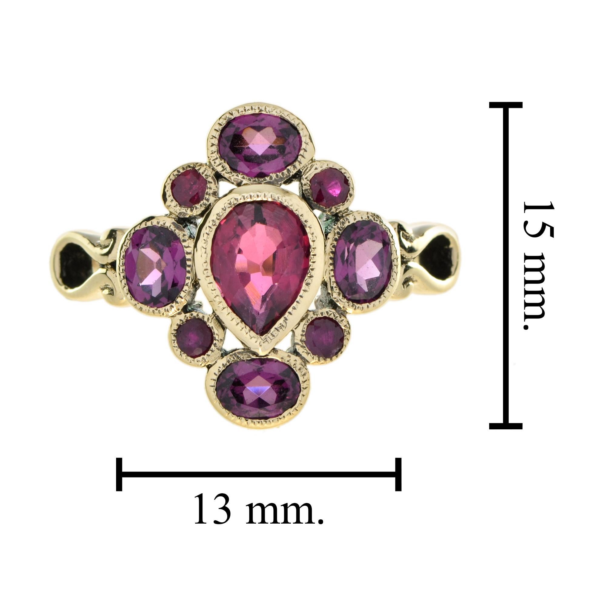 Vintage Style Pink Tourmaline with Ruby and Rhodolite Cluster Ring in 9K Gold 1