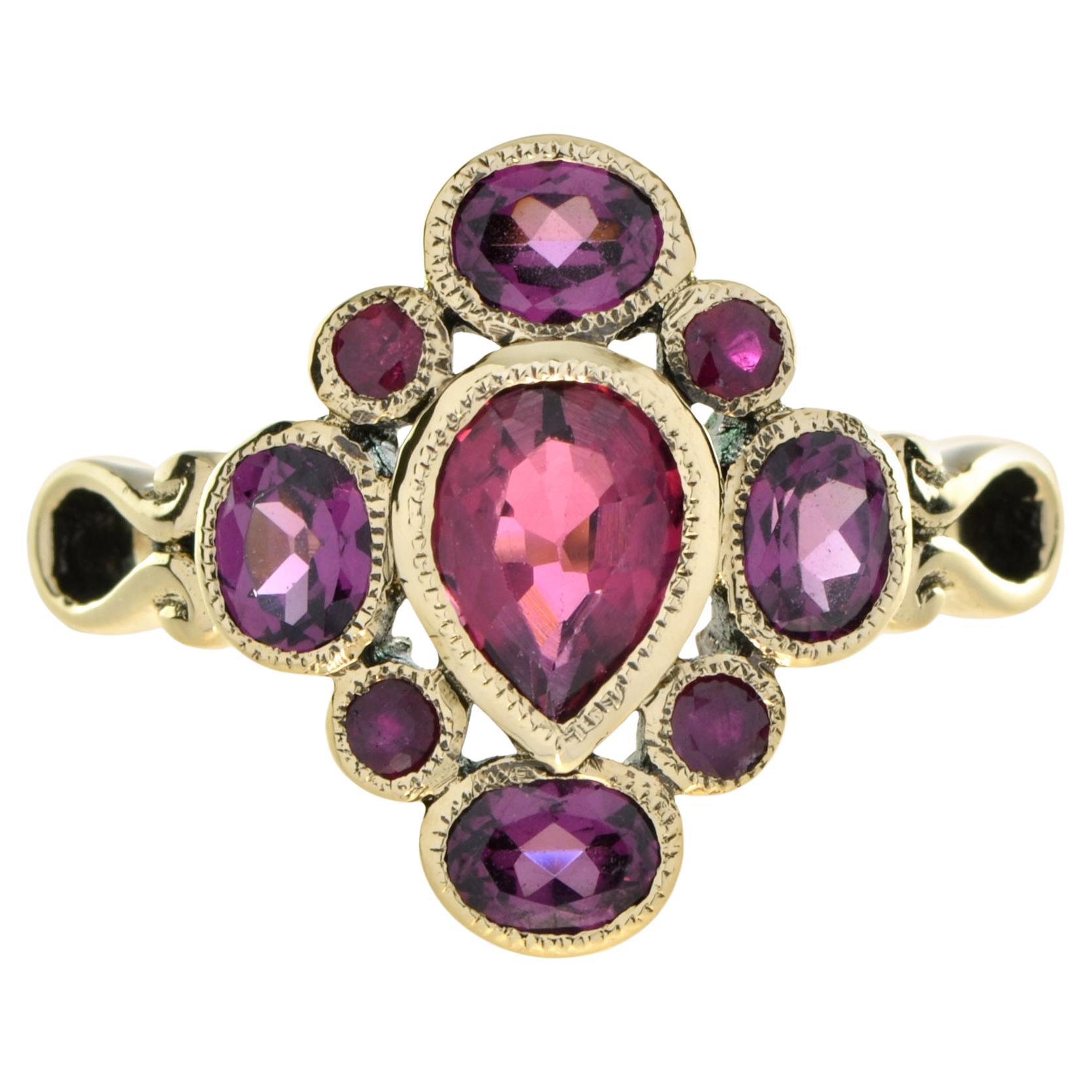Vintage Style Pink Tourmaline with Ruby and Rhodolite Cluster Ring in 9K Gold