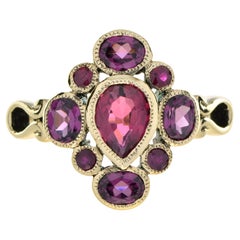 Vintage Style Pink Tourmaline with Ruby and Rhodolite Cluster Ring in 9K Gold