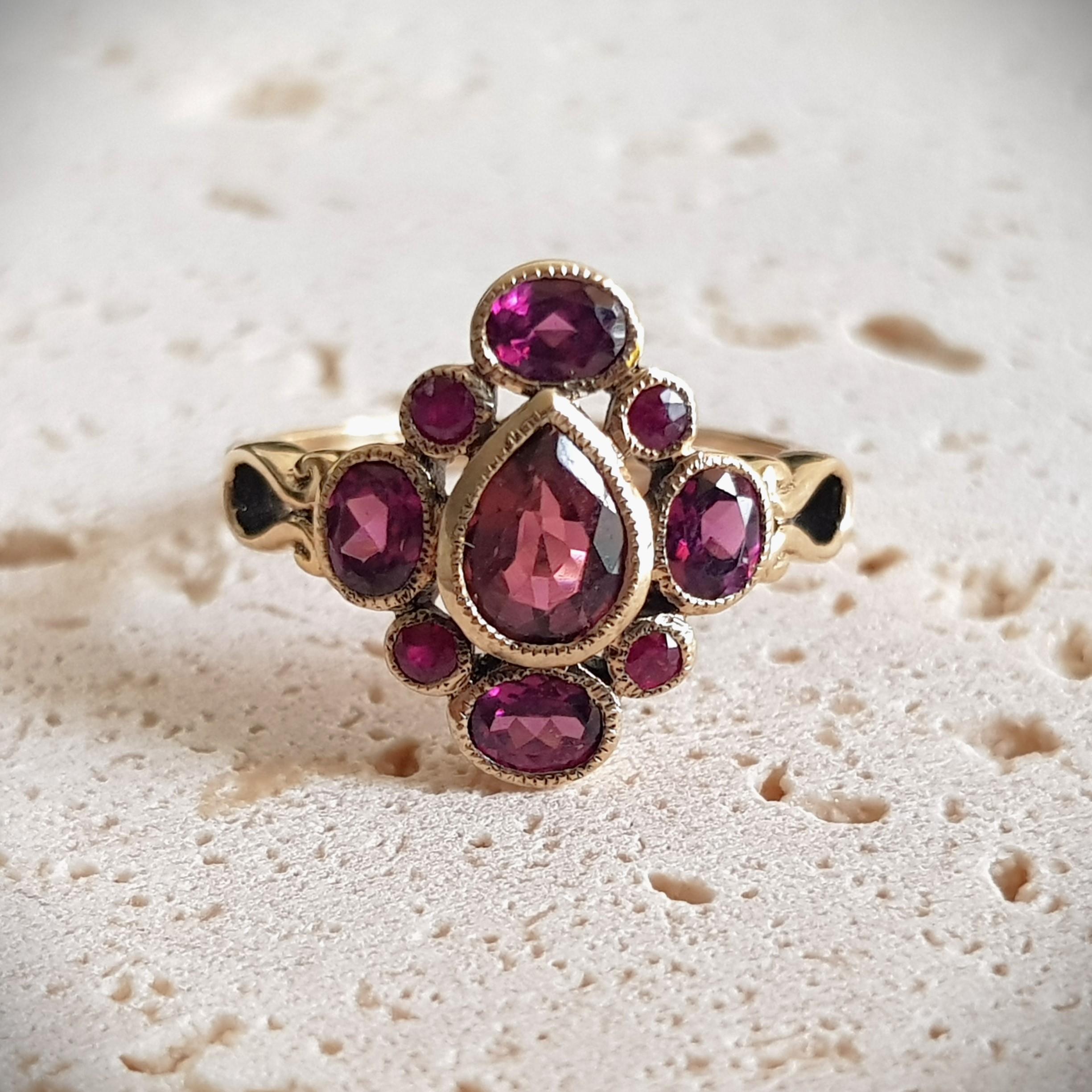 Vintage Style Pink Tourmaline with Ruby and Rhodolite Cluster Ring in 9K Gold 3