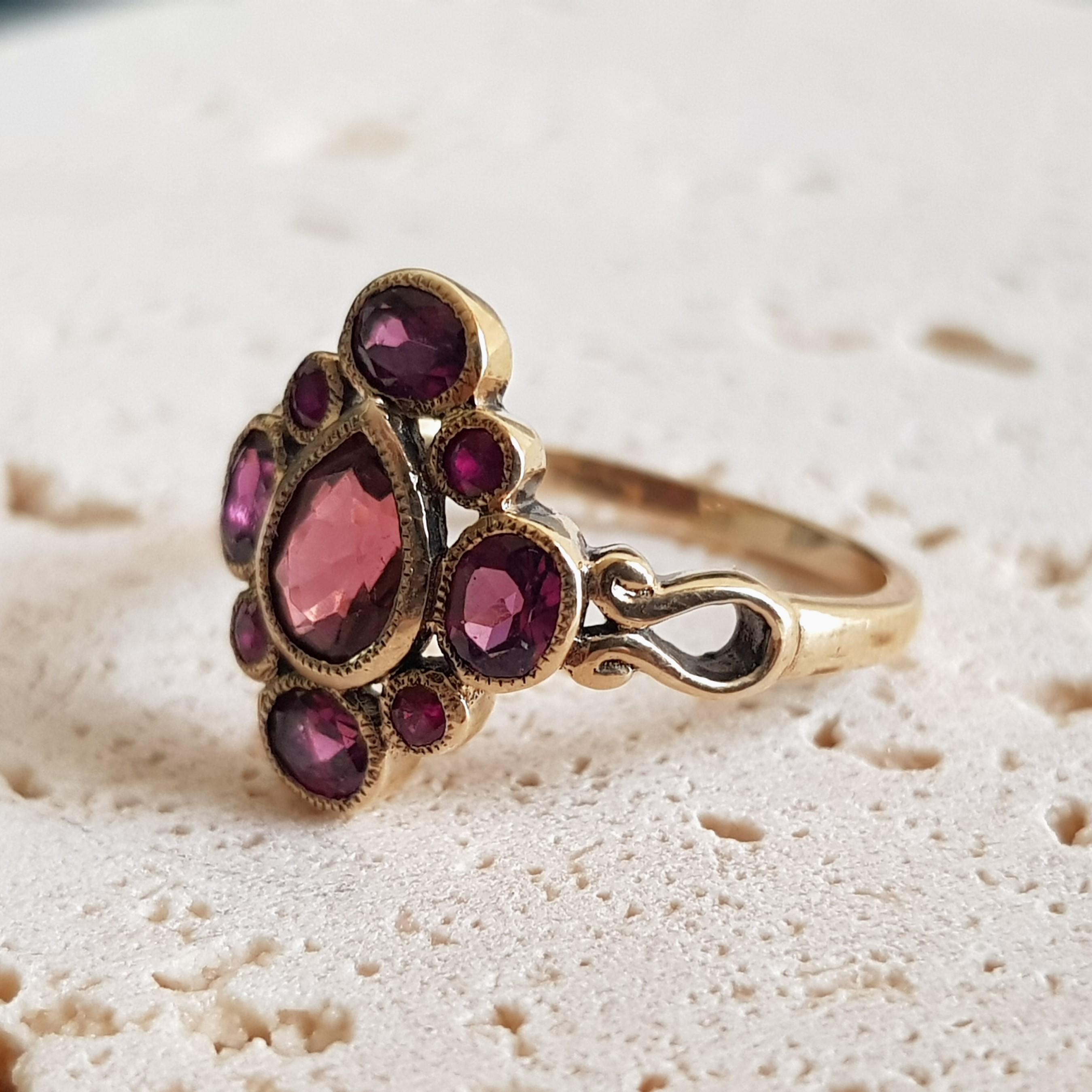 Vintage Style Pink Tourmaline with Ruby and Rhodolite Cluster Ring in 9K Gold 4