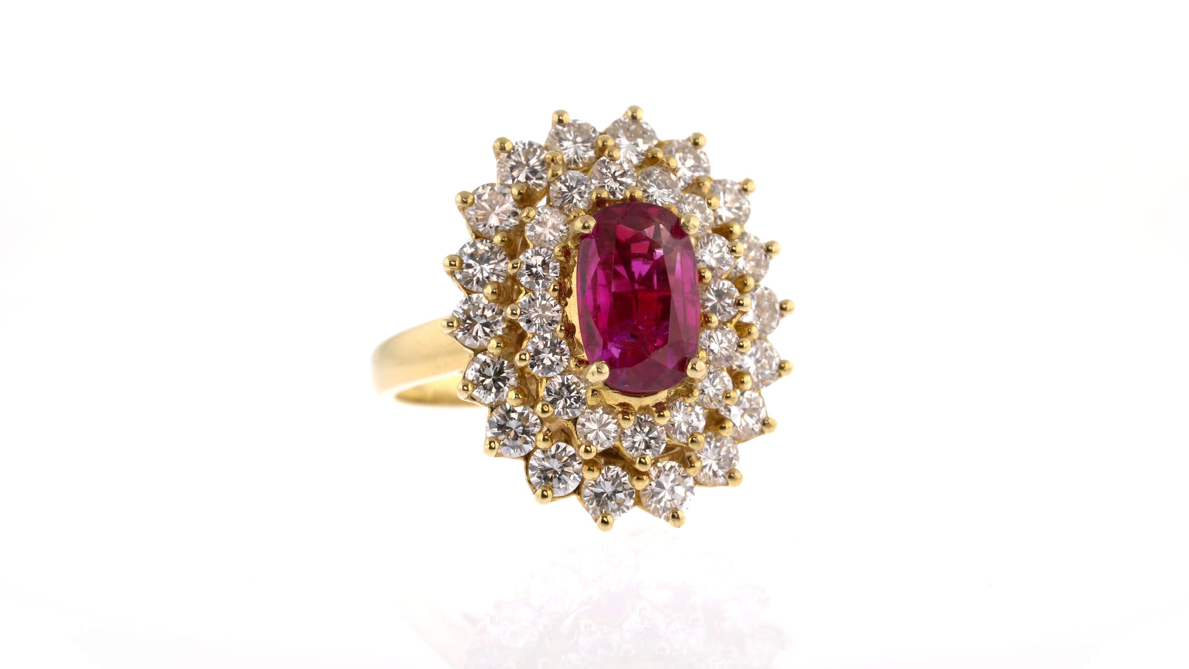 Certified Vintage Style No Heat Burma Ruby and White Diamond Cluster Ring For Sale 2