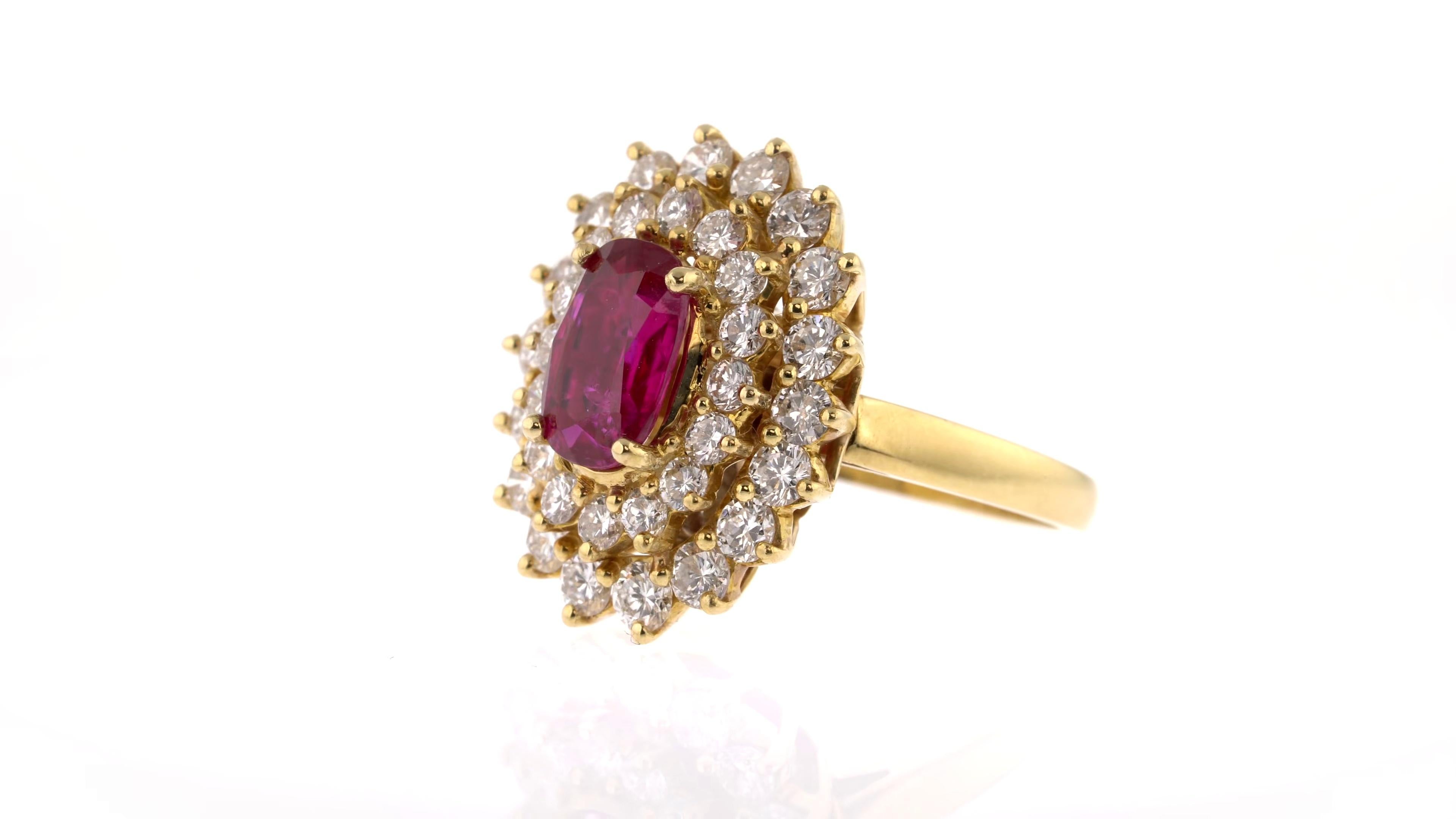 Certified Vintage Style No Heat Burma Ruby and White Diamond Cluster Ring For Sale 3