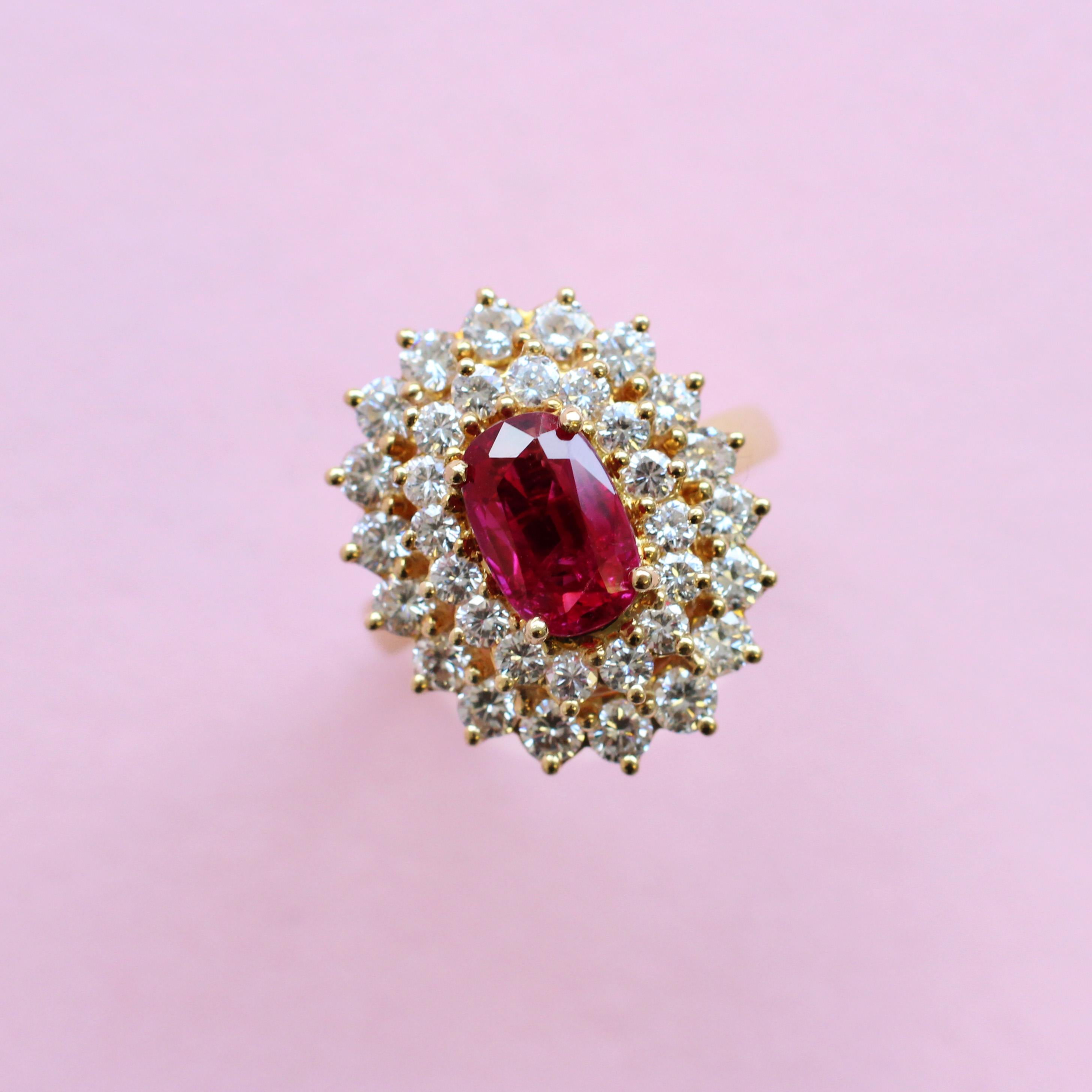 Modern Certified Vintage Style No Heat Burma Ruby and White Diamond Cluster Ring For Sale