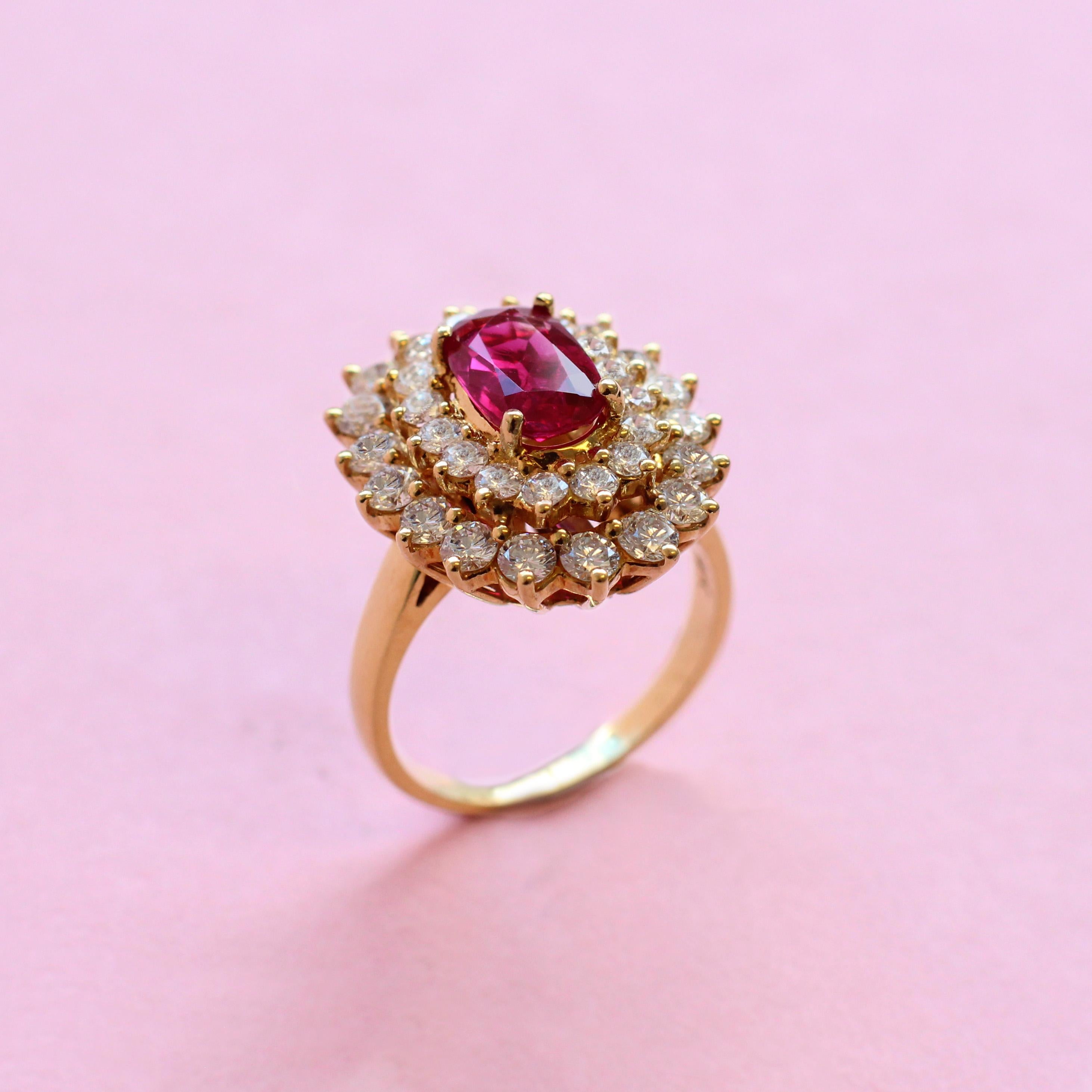 Oval Cut Certified Vintage Style No Heat Burma Ruby and White Diamond Cluster Ring For Sale