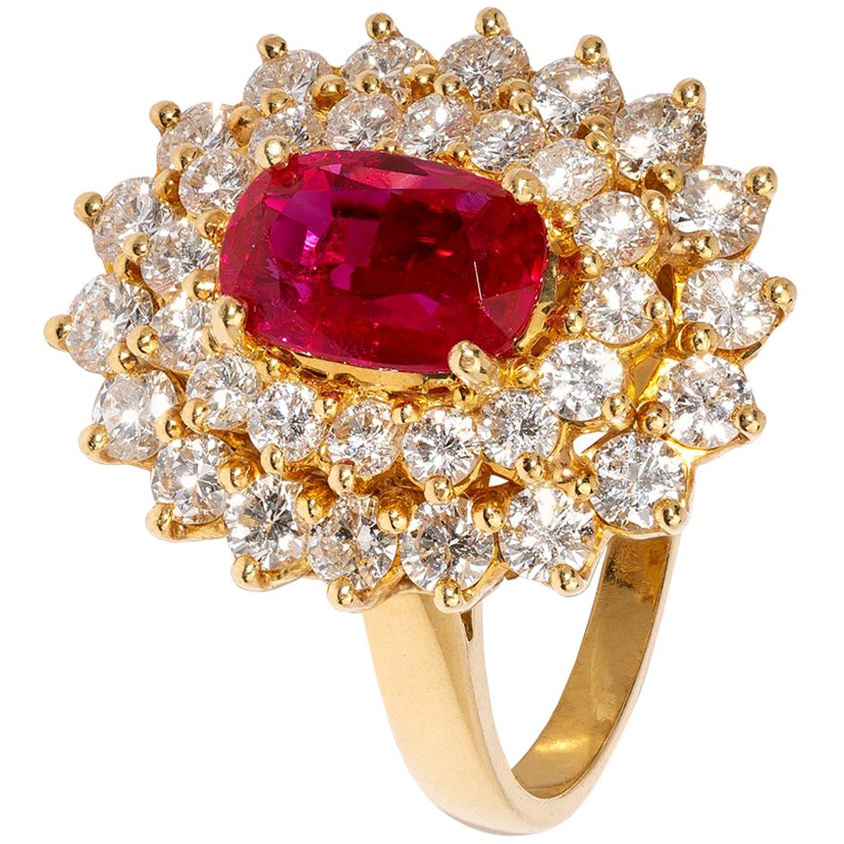 Certified Vintage Style No Heat Burma Ruby and White Diamond Cluster Ring For Sale