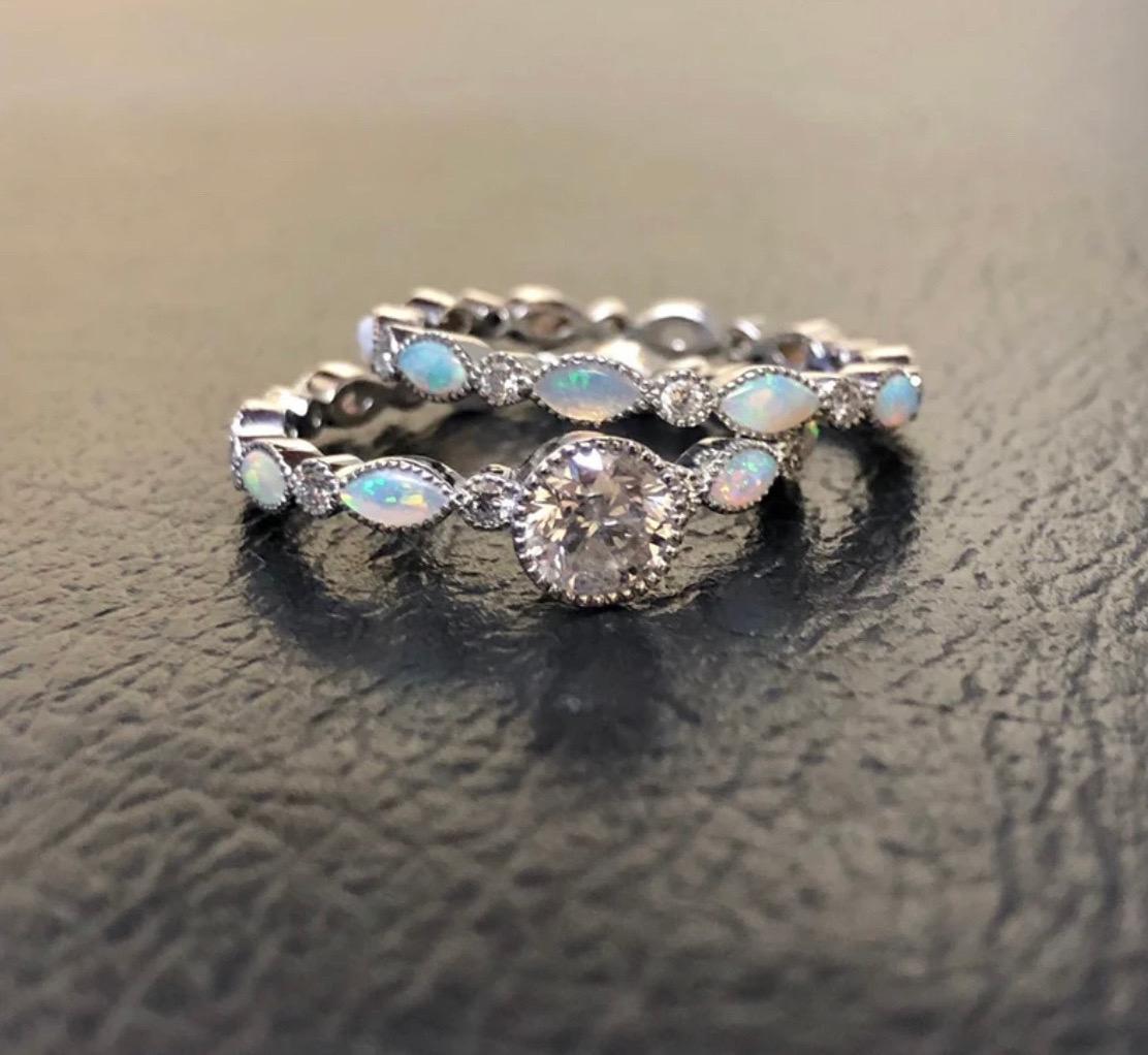Vintage Style Platinum Marquise Opal Eternity Diamond Engagement Ring Bridal Set For Sale 3