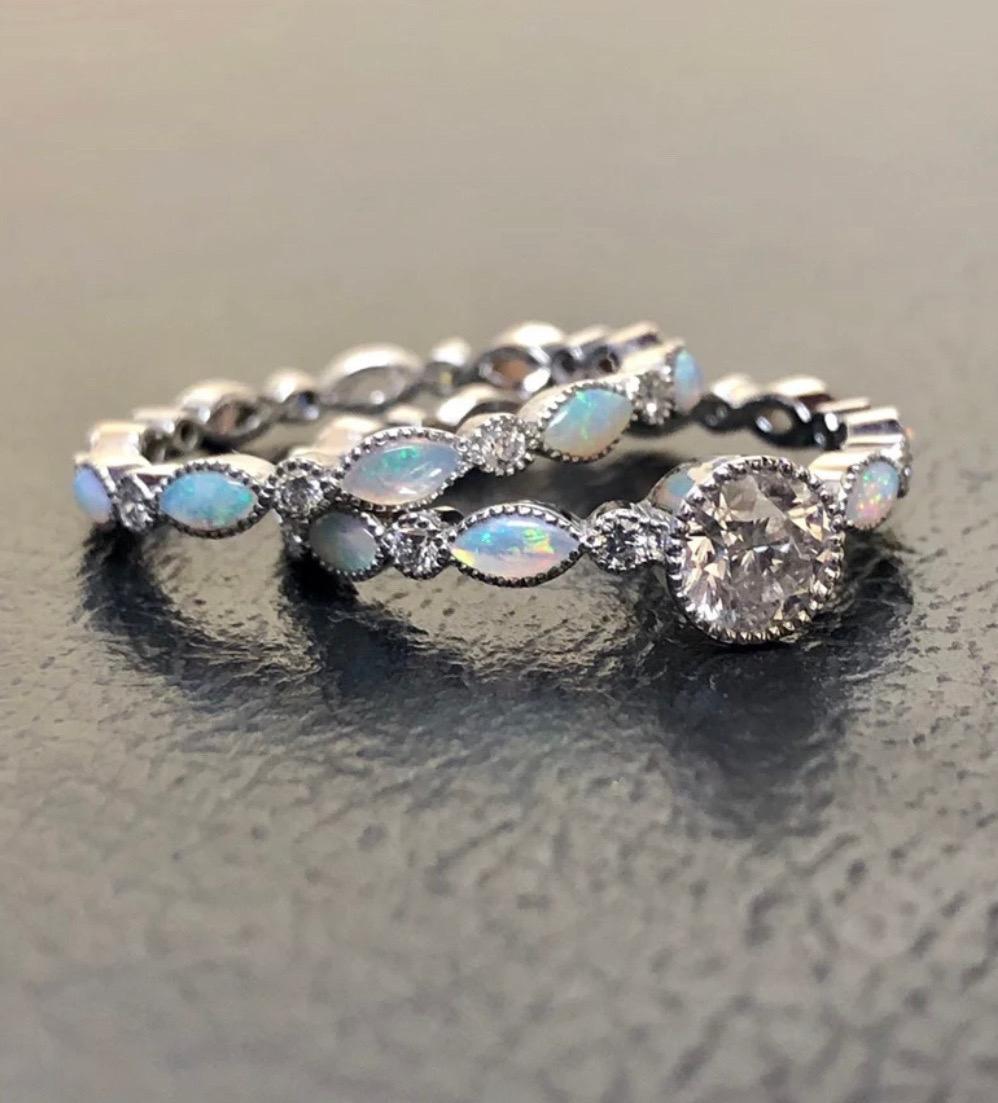 Vintage Style Platinum Marquise Opal Eternity Diamond Engagement Ring Bridal Set For Sale 4