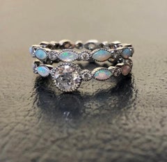 Vintage Style Platinum Marquise Opal Eternity Diamond Engagement Ring Bridal Set
