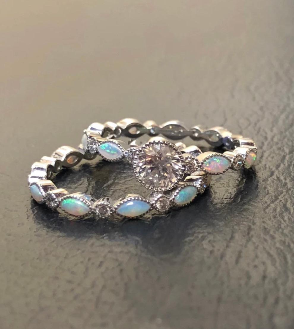 Art Deco Vintage Style Platinum Marquise Opal Eternity Diamond Engagement Ring Bridal Set For Sale