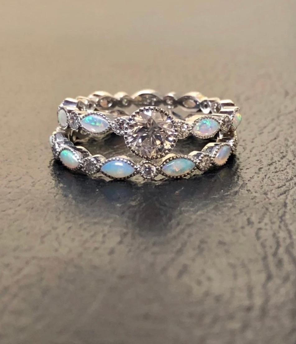 Round Cut Vintage Style Platinum Marquise Opal Eternity Diamond Engagement Ring Bridal Set For Sale