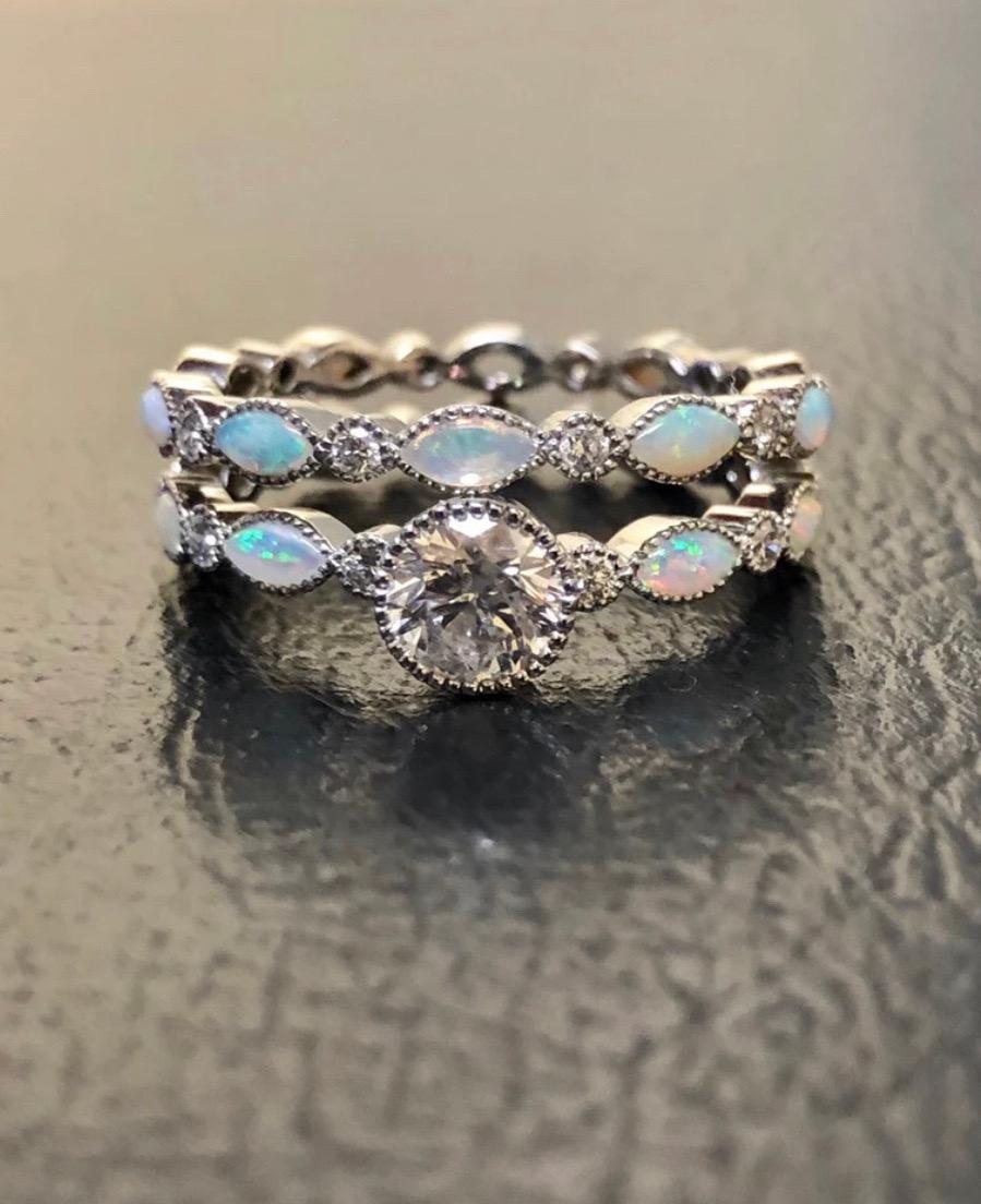 Vintage Style Platinum Marquise Opal Eternity Diamond Engagement Ring Bridal Set In New Condition For Sale In Los Angeles, CA