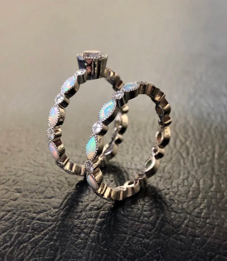 Women's Vintage Style Platinum Marquise Opal Eternity Diamond Engagement Ring Bridal Set For Sale