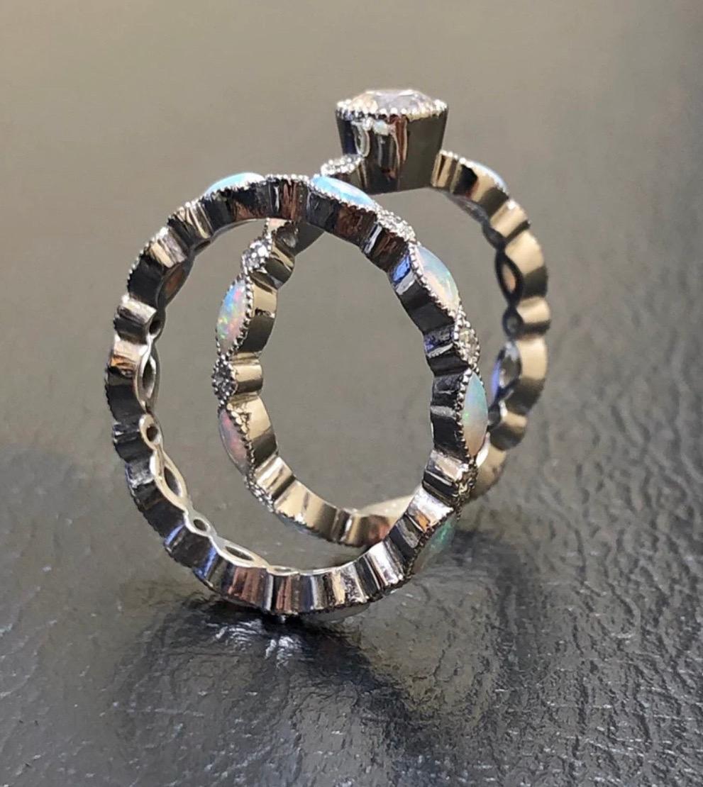 Vintage Style Platinum Marquise Opal Eternity Diamond Engagement Ring Bridal Set For Sale 1