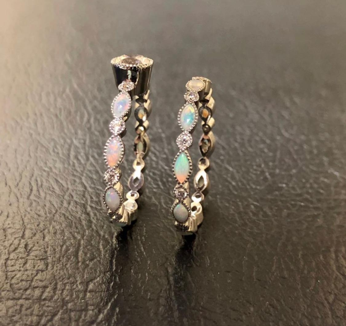 Vintage Style Platinum Marquise Opal Eternity Diamond Engagement Ring Bridal Set For Sale 2