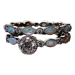 Vintage Style Platinum Marquise Opal Eternity Diamond Engagement Ring Bridal Set