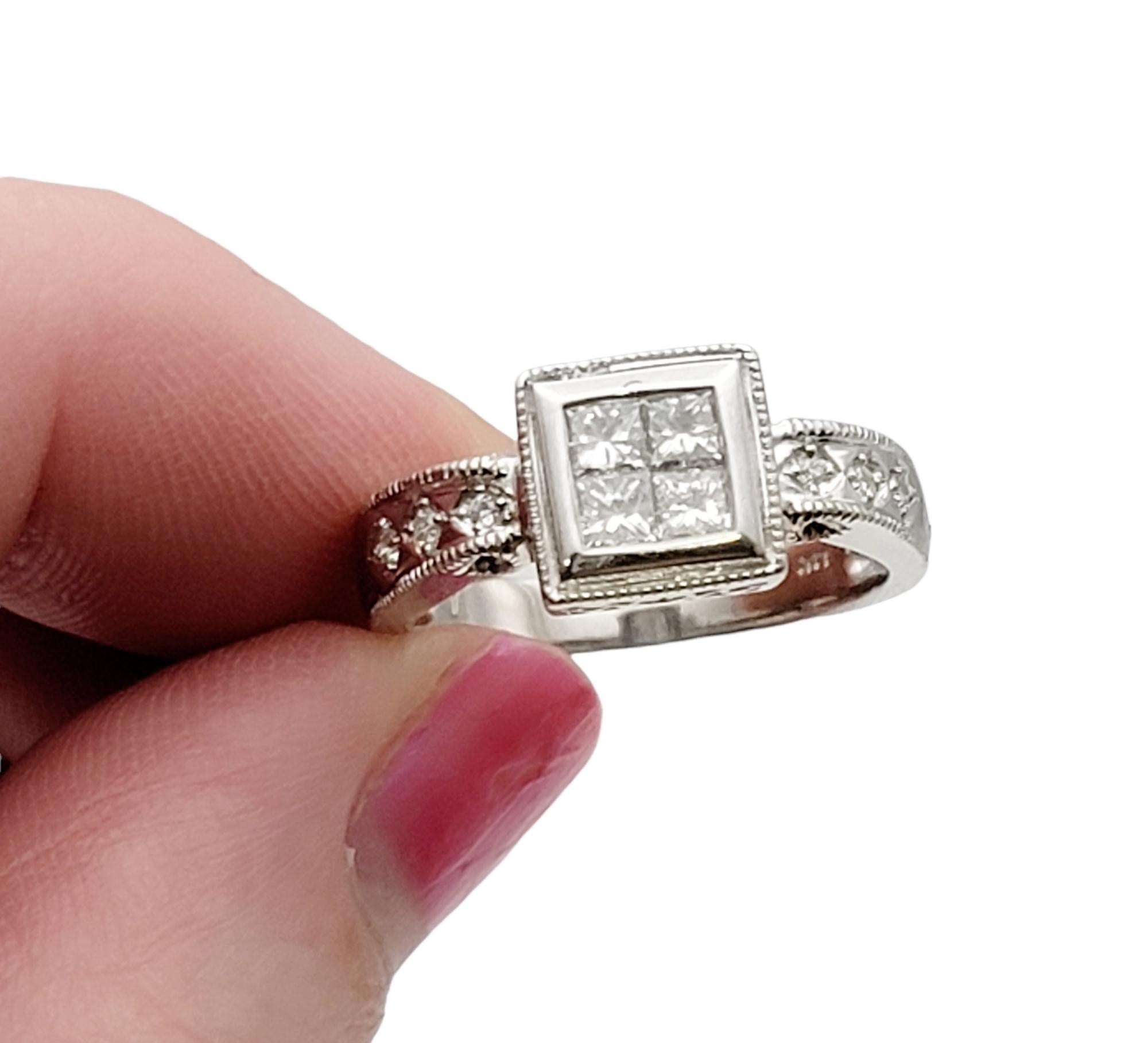 Prinzessinnen- und runder Diamantring im Vintage-Stil mit Milgrain-Detail 14 Karat Gold im Angebot 4