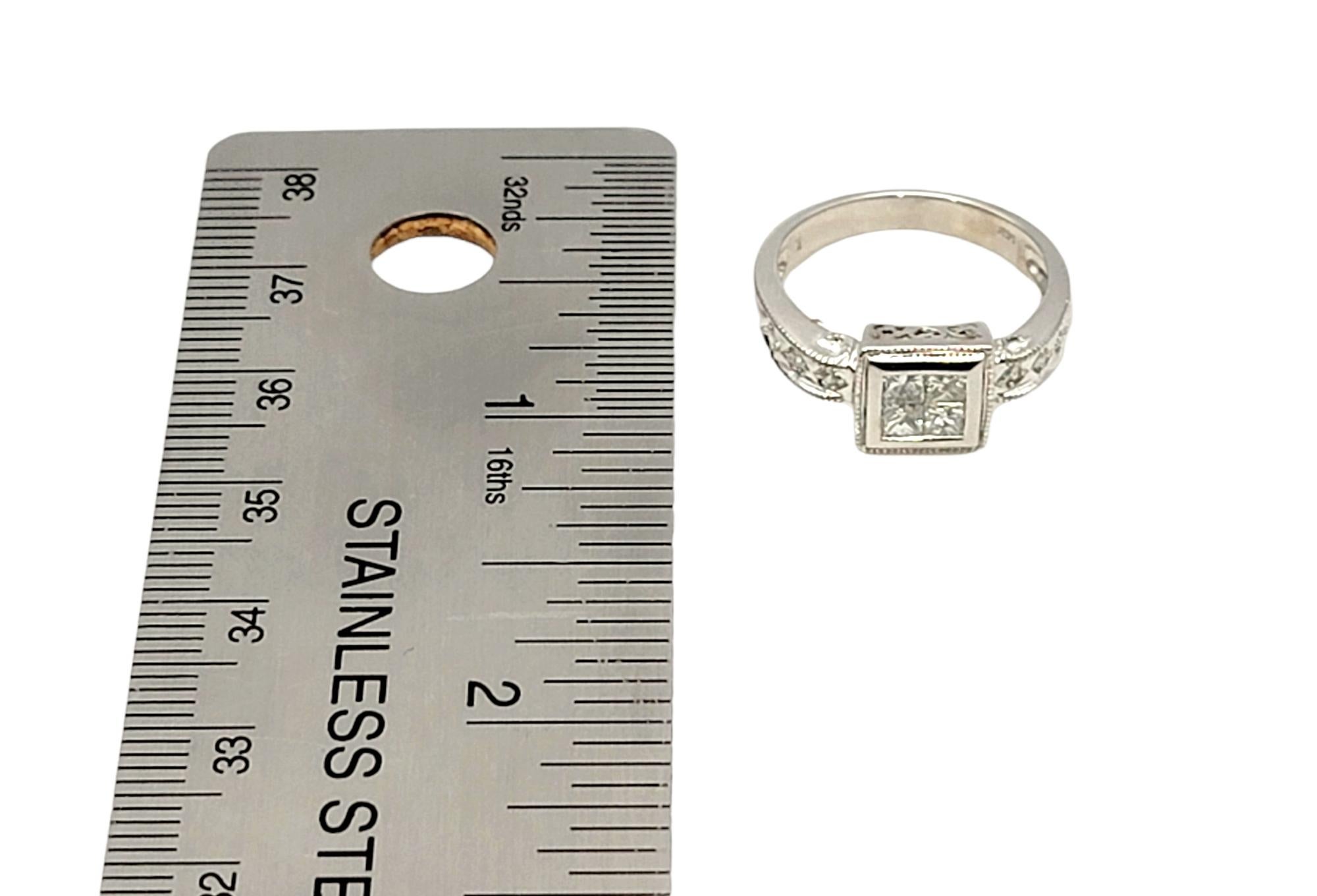 Prinzessinnen- und runder Diamantring im Vintage-Stil mit Milgrain-Detail 14 Karat Gold im Angebot 5