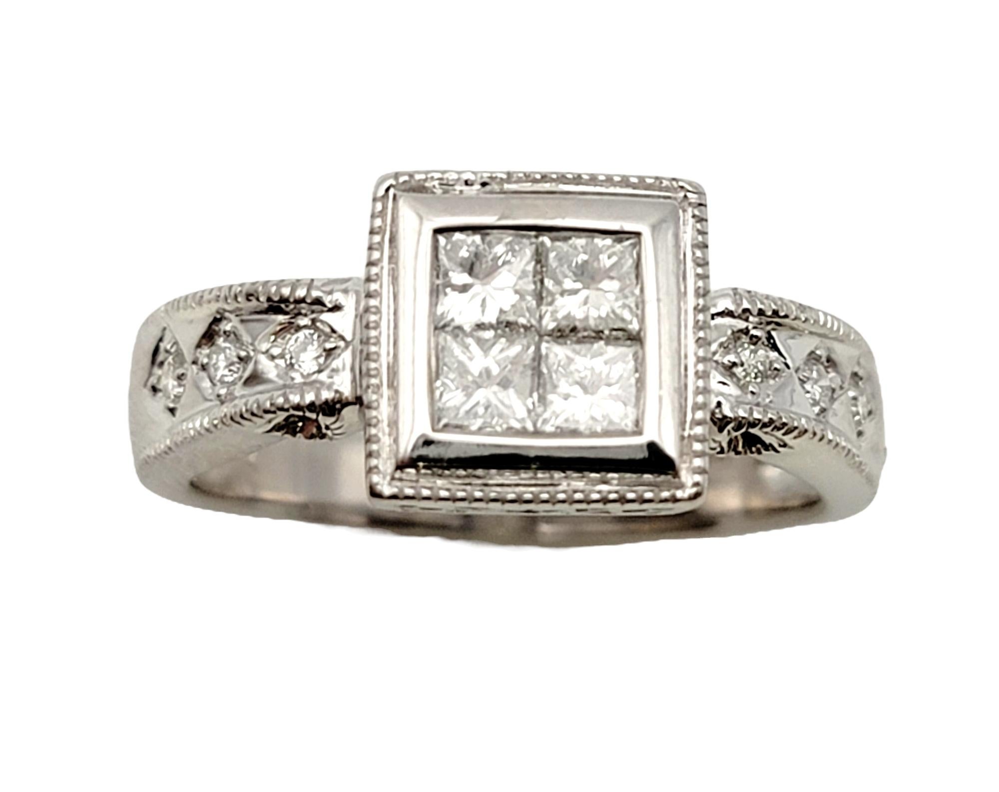 Ring size: 6.5

Lovely vintage style diamond ring with intricate milgrain detailing. 4 square princess cut diamonds are invisible set to create the illusion of a larger center stone, while additional round diamonds accent the shank and add extra