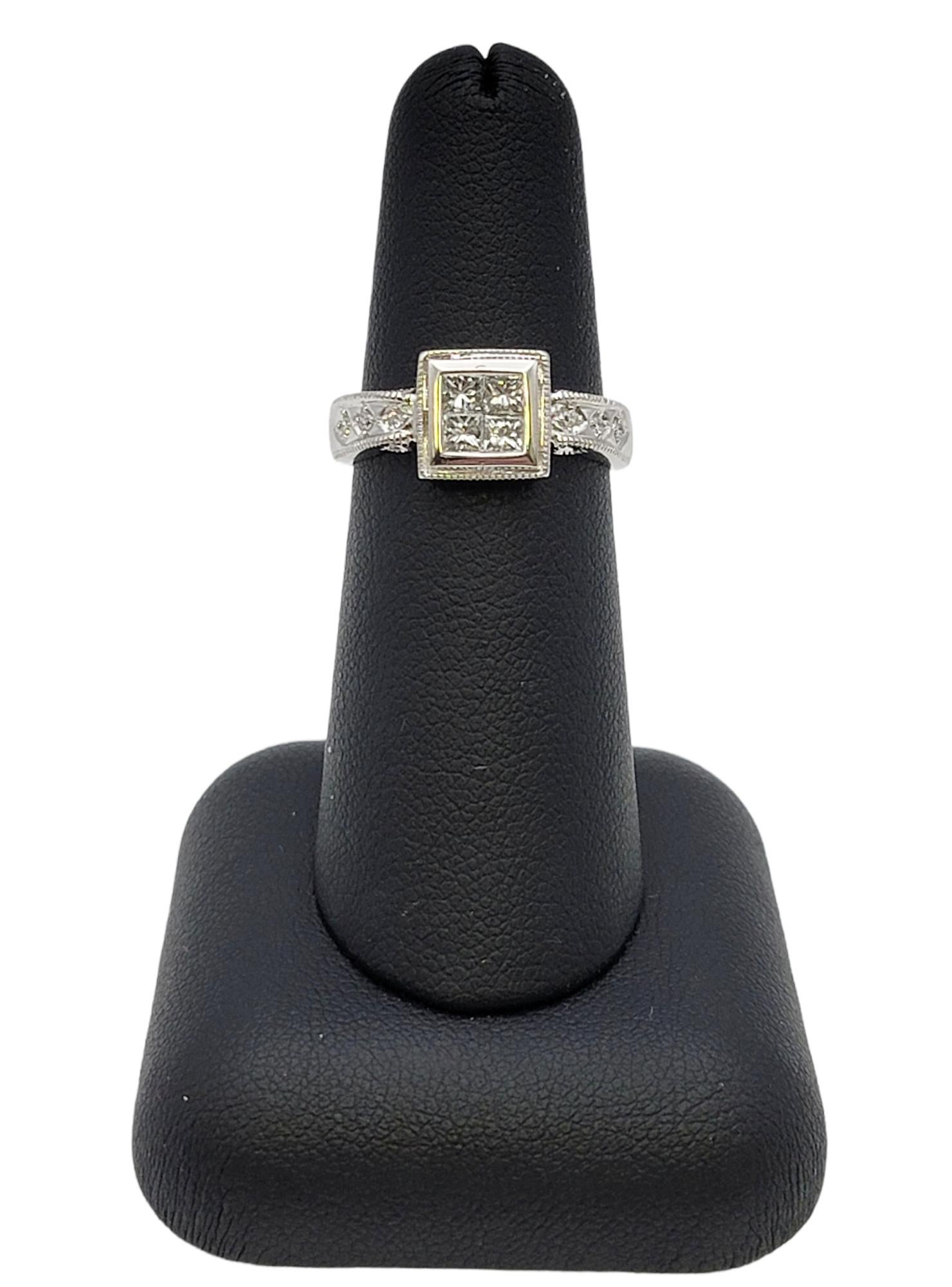 Princess Cut Vintage Style Princess and Round Diamond Ring with Milgrain Detail 14 Karat Gold For Sale