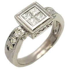 Vintage Style Princess and Round Diamond Ring with Milgrain Detail 14 Karat Gold