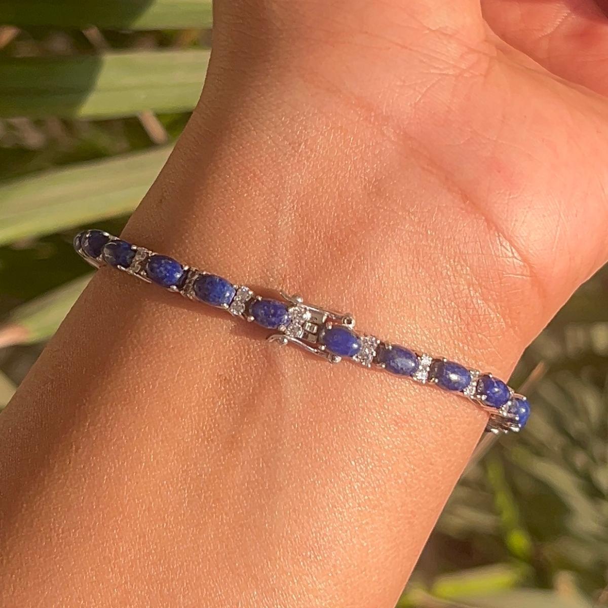Vintage Style Prong Set 19.55 Ct Lapis Lazuli CZ Tennis Silver Bracelet for Her For Sale 4