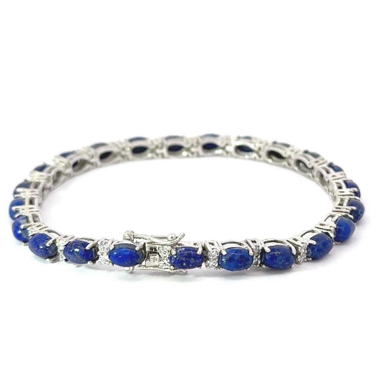 Contemporary Vintage Style Prong Set 19.55 Ct Lapis Lazuli CZ Tennis Silver Bracelet for Her For Sale
