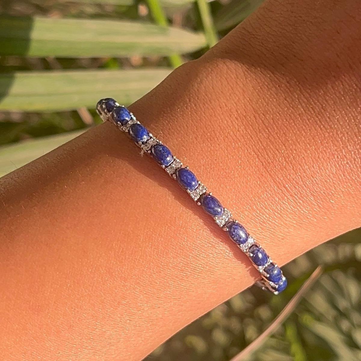 Mixed Cut Vintage Style Prong Set 19.55 Ct Lapis Lazuli CZ Tennis Silver Bracelet for Her For Sale