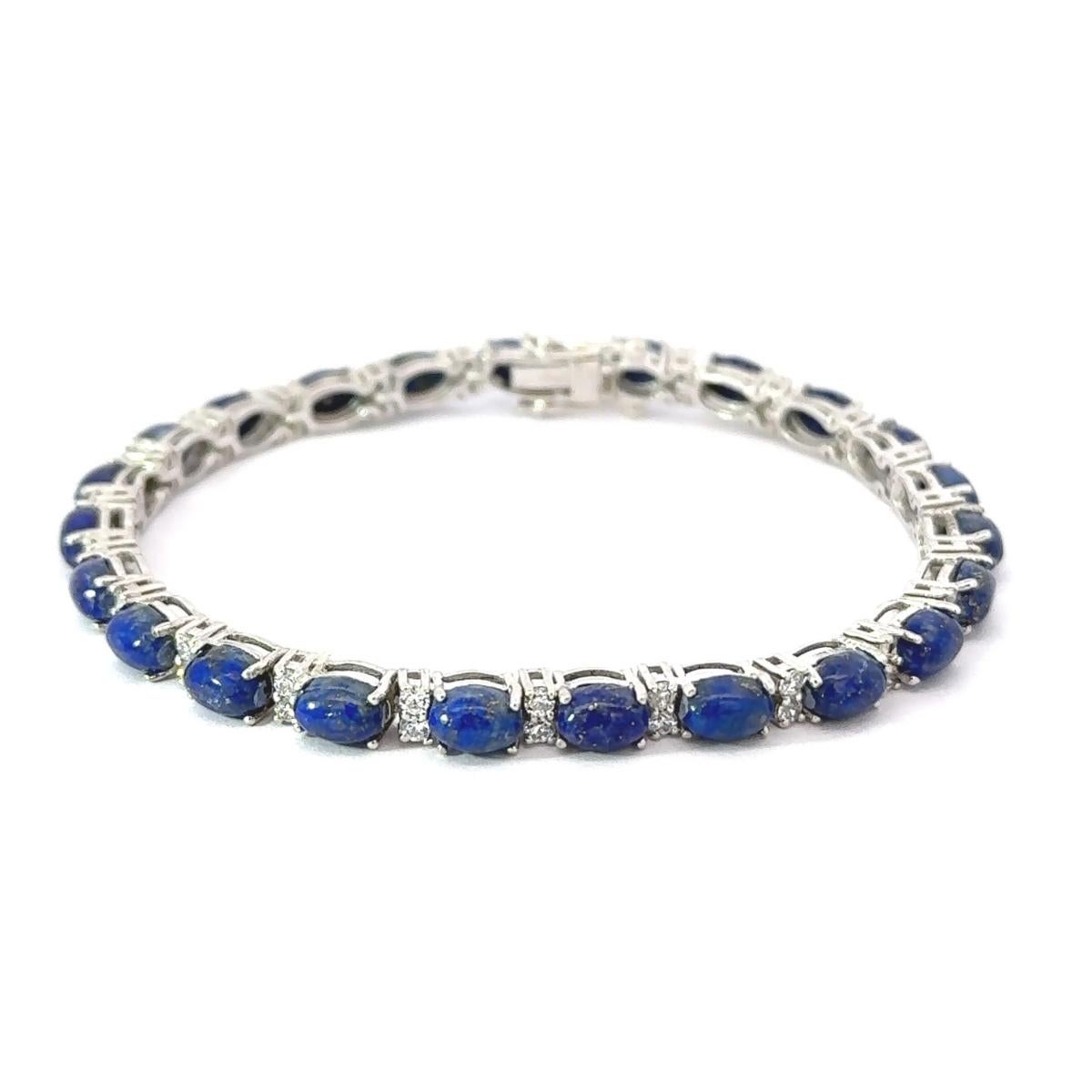 Vintage Style Prong Set 19.55 Ct Lapis Lazuli CZ Tennis Silver Bracelet for Her In New Condition For Sale In New York, NY