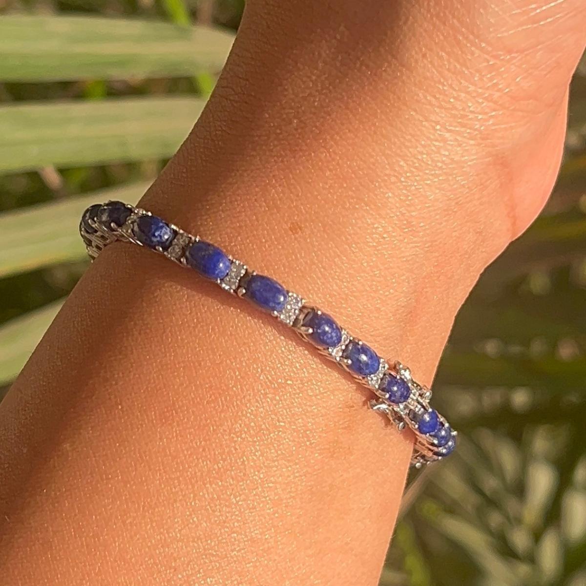 Women's Vintage Style Prong Set 19.55 Ct Lapis Lazuli CZ Tennis Silver Bracelet for Her For Sale
