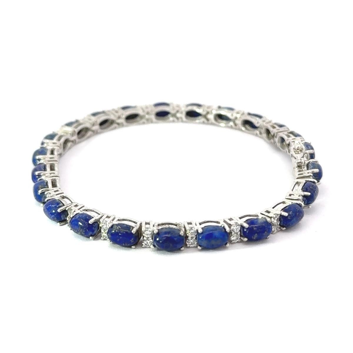 Vintage Style Prong Set 19.55 Ct Lapis Lazuli CZ Tennis Silver Bracelet for Her For Sale 1