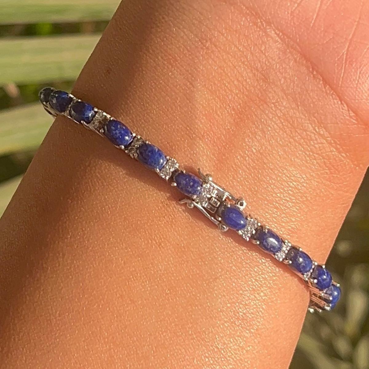 Vintage Style Prong Set 19.55 Ct Lapis Lazuli CZ Tennis Silver Bracelet for Her For Sale 2