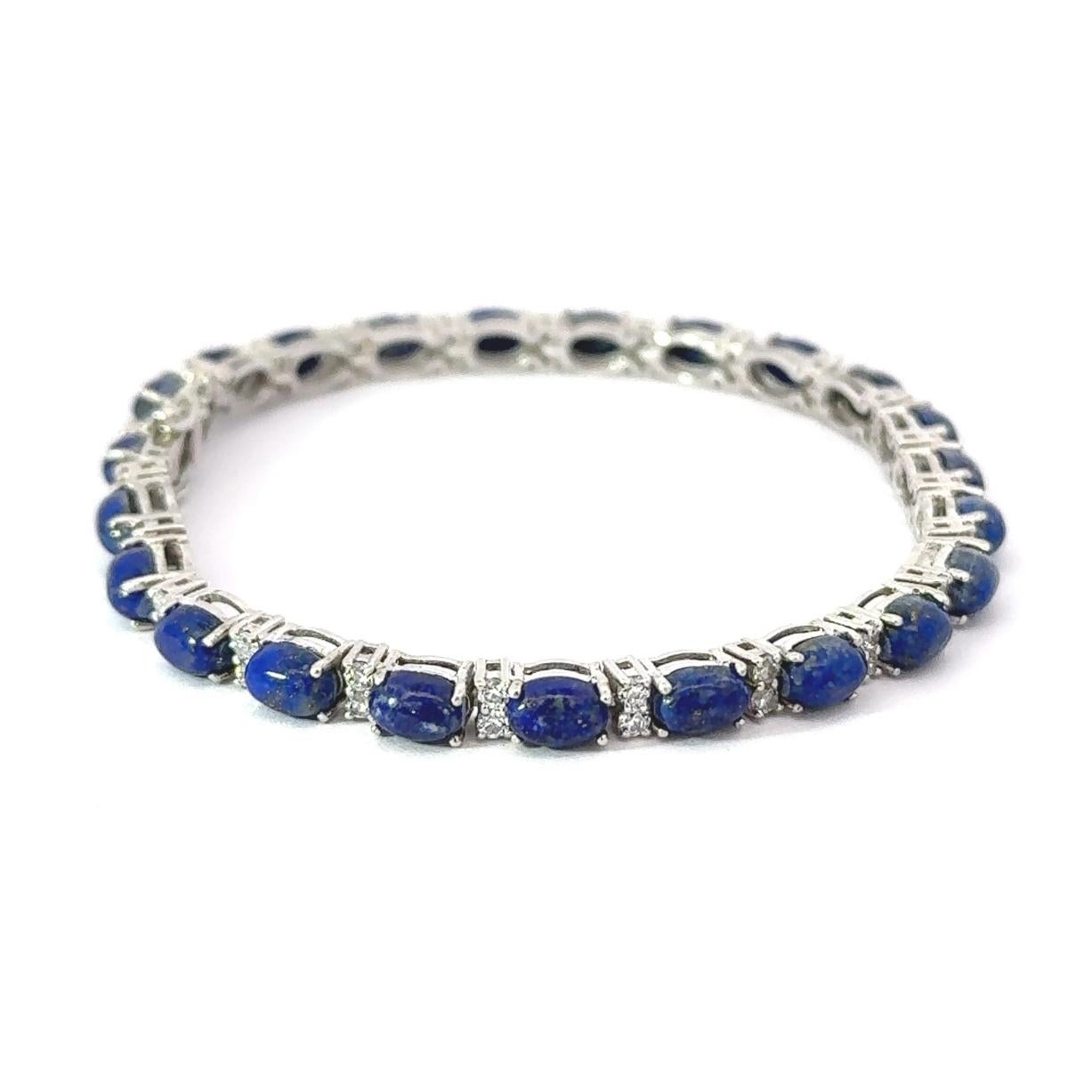 Vintage Style Prong Set 19.55 Ct Lapis Lazuli CZ Tennis Silver Bracelet for Her For Sale 3