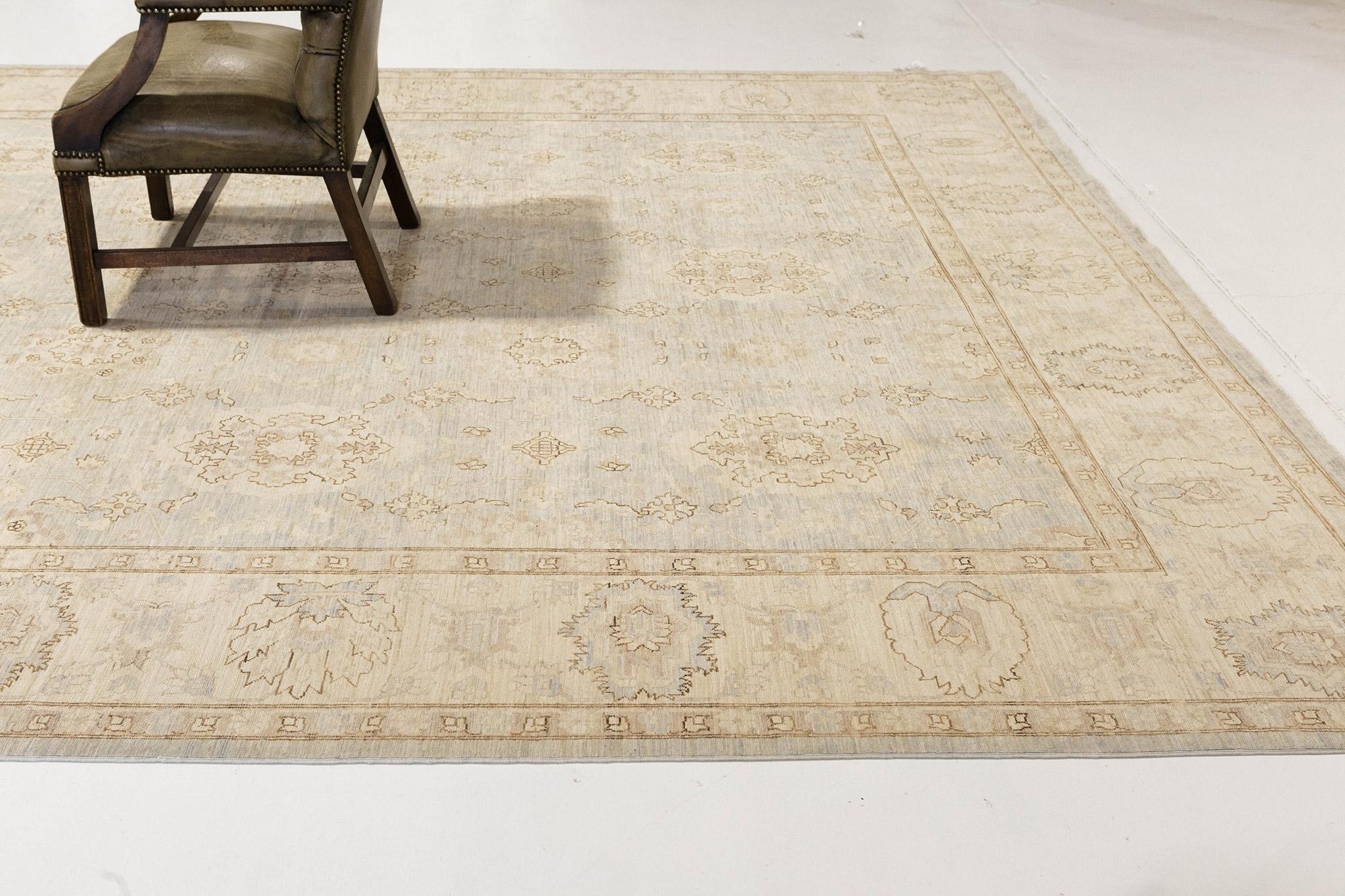 This breath-taking raptured revival of the Sultanabad rug features the soft palette of earth tones made from a vegetable dye that captivates every designer's creativity. A withered design highlights the details of each element throughout this work