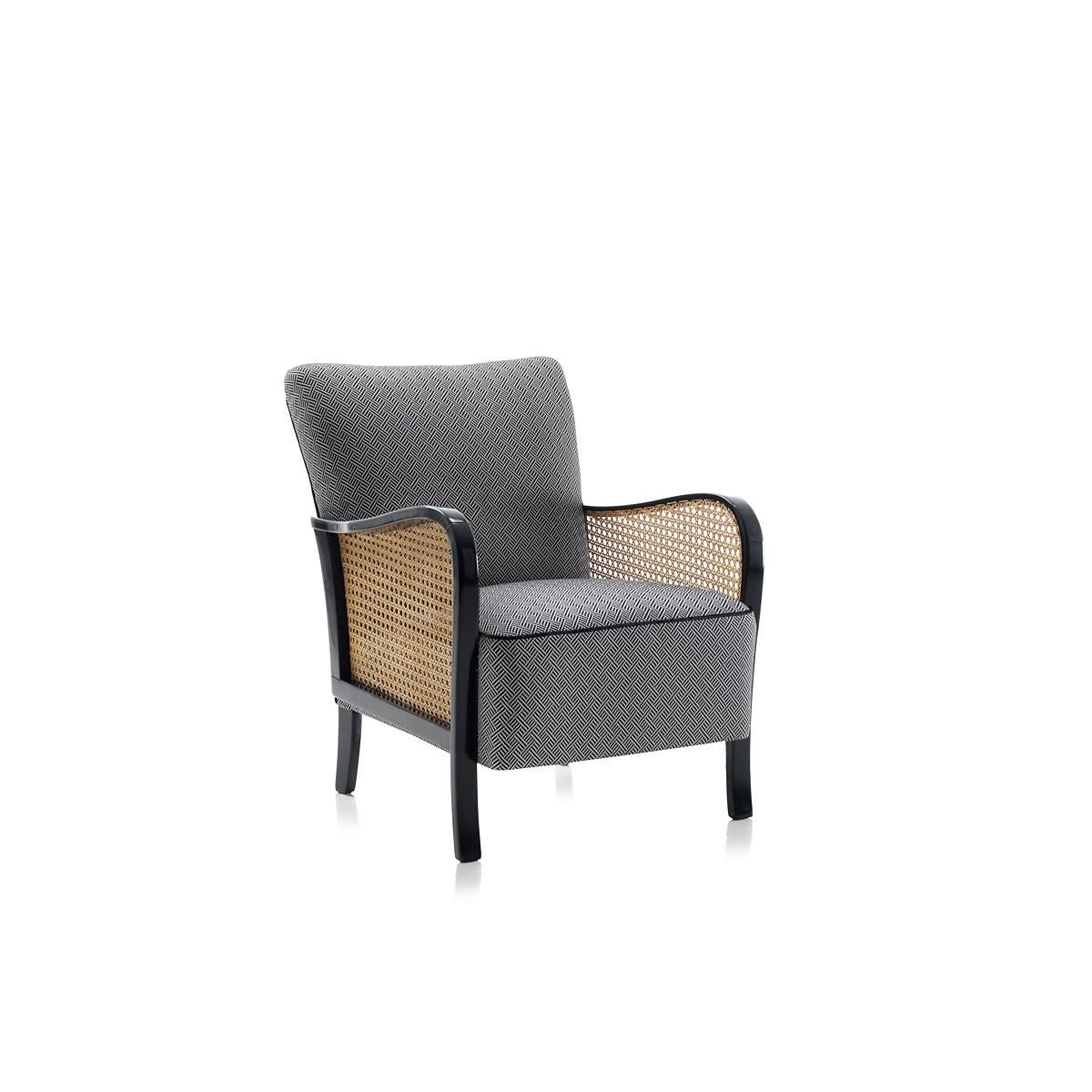 Modernize your space with the curves of this midcentury inspired armchair set. It features special handwoven Vienna rattan decoration, a French lacquered frame in glossy black creates a simple, sharp and modern expression. Upholstered in COM,