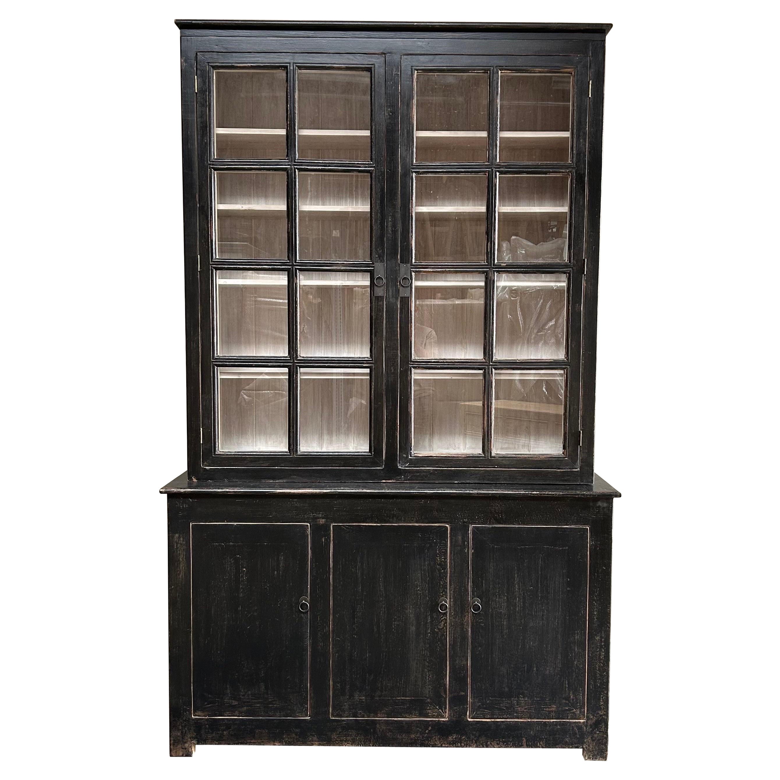 Vintage Style Reclaimed Wood Hutch in Distressed Black Finish