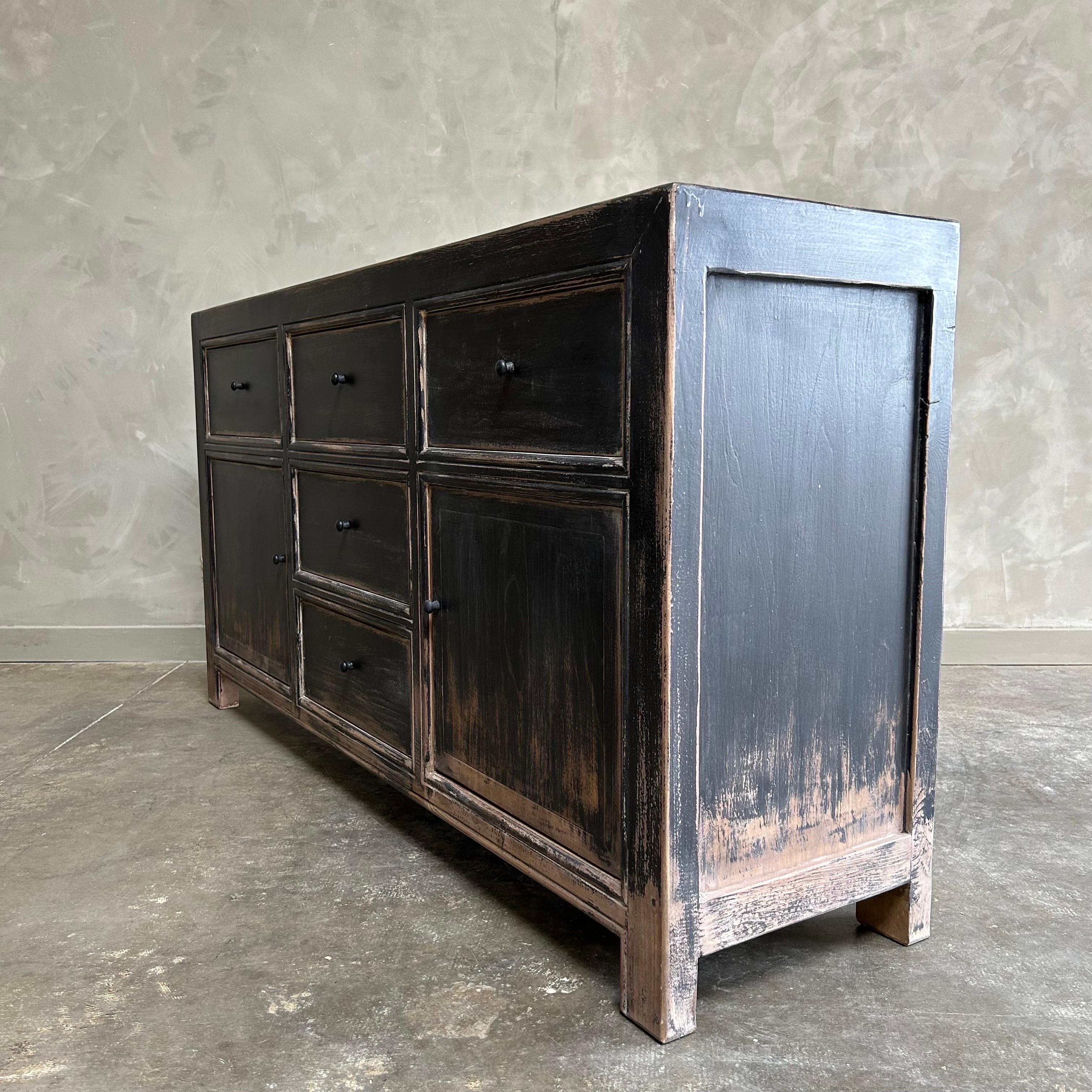 Elm Vintage Style Reclaimed Wood Sideboard in Black Distressed Finish For Sale