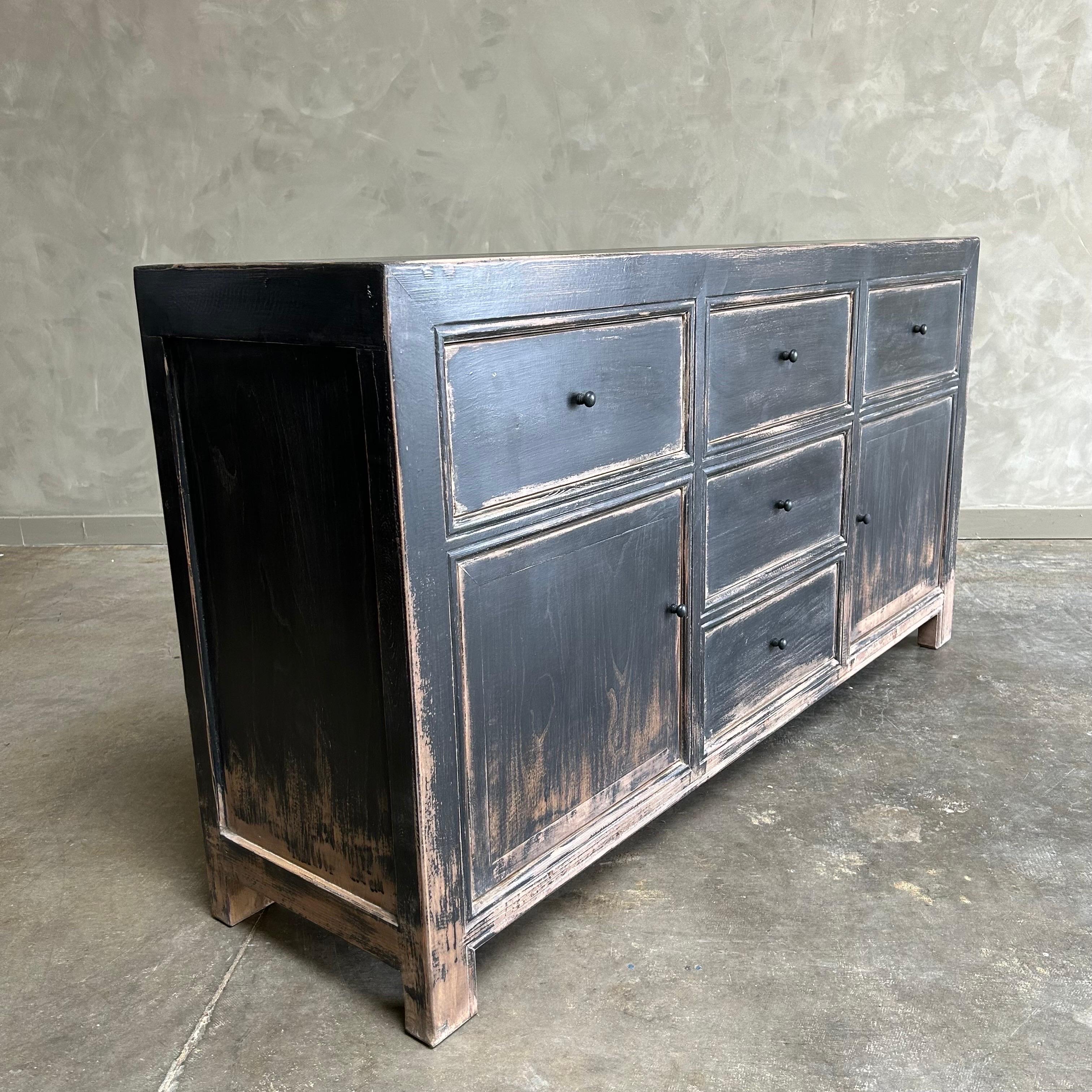 Vintage Style Reclaimed Wood Sideboard in Black Distressed Finish For Sale 1