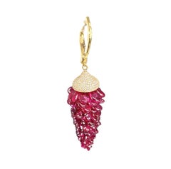 Vintage Style Red Pink Ruby Bead & Diamond Pave Earrings 18K Yellow Gold