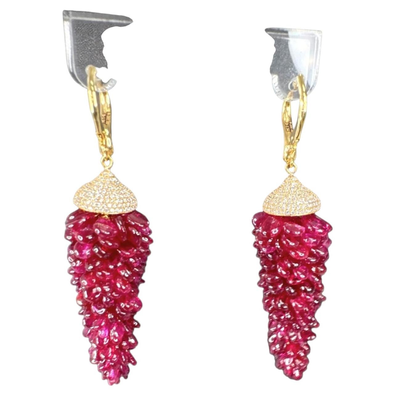 Vintage Style Red Pink Ruby Bead & Diamond Pave Earrings 18K Yellow Gold For Sale