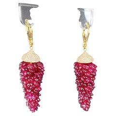 Vintage Style Red Pink Ruby Bead & Diamond Pave Earrings 18K Yellow Gold