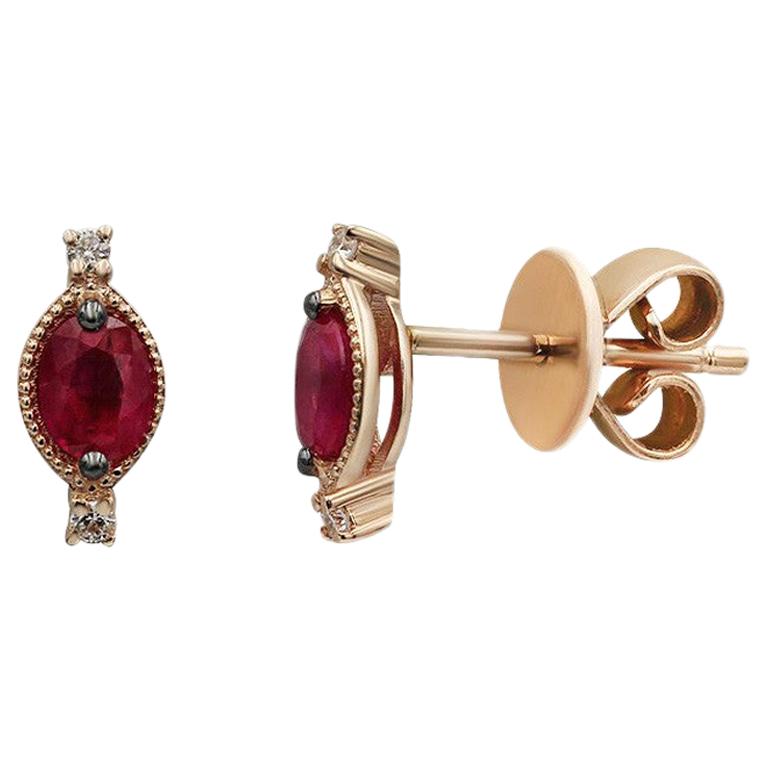 Vintage Style Red Ruby White Diamond Yellow Gold Every Day Stud Earrings  For Sale at 1stDibs