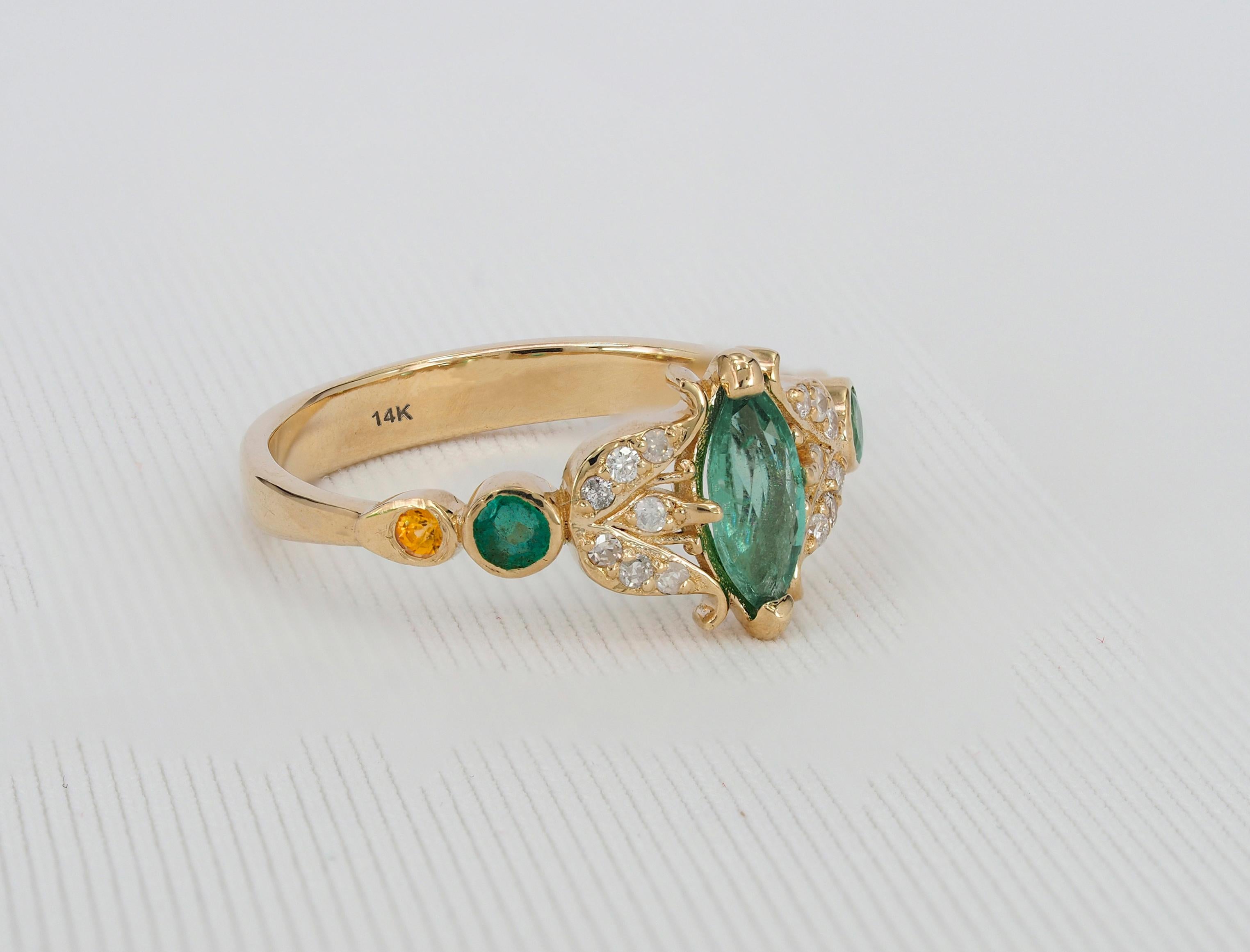 Modern Vintage style ring with emerald in 14k gold For Sale